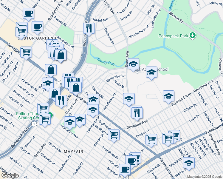 map of restaurants, bars, coffee shops, grocery stores, and more near 3024 Nesper Street in Philadelphia