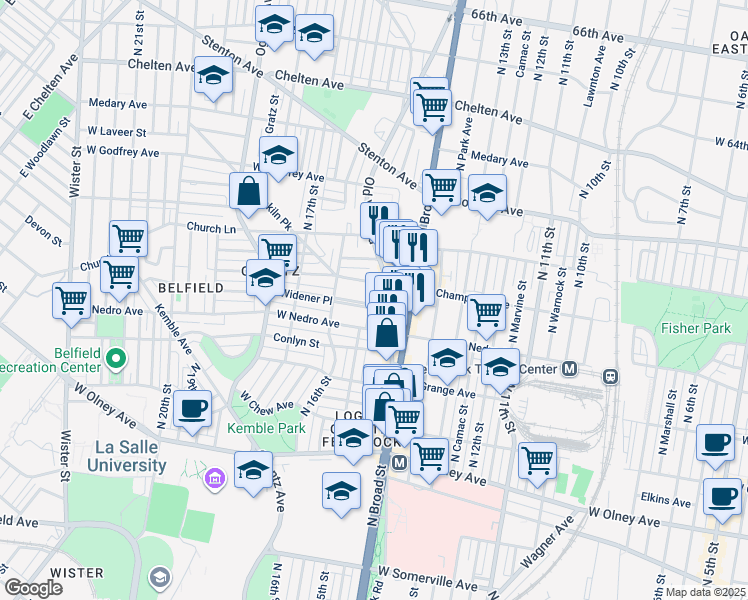 map of restaurants, bars, coffee shops, grocery stores, and more near 1427 Widener Place in Philadelphia