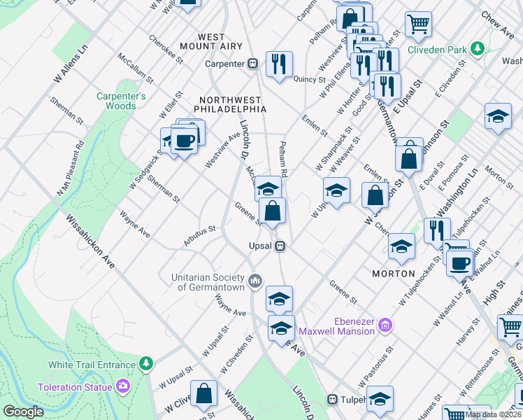 map of restaurants, bars, coffee shops, grocery stores, and more near 6555 Greene Street in Philadelphia
