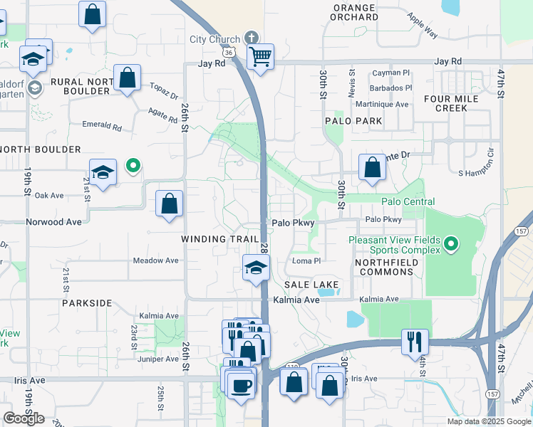 map of restaurants, bars, coffee shops, grocery stores, and more near 3823 Paseo Del Prado Street in Boulder
