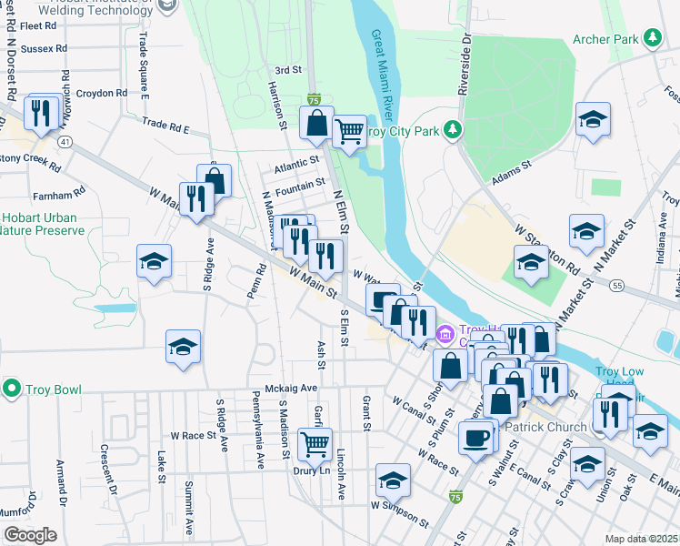 map of restaurants, bars, coffee shops, grocery stores, and more near 34 N Elm St in Troy