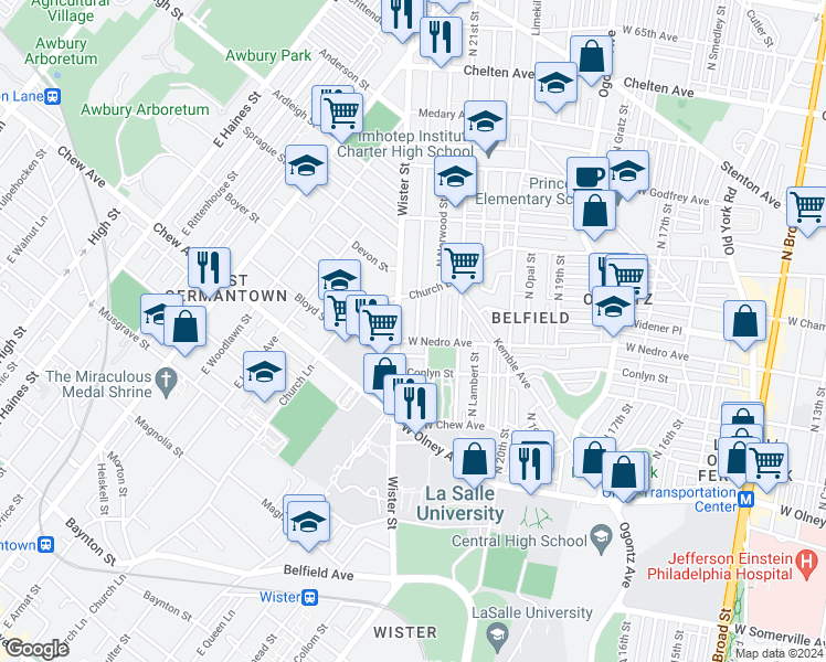 map of restaurants, bars, coffee shops, grocery stores, and more near 5920 North Beechwood Street in Philadelphia