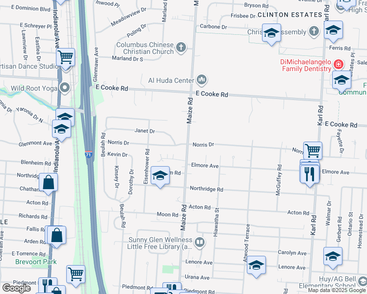 map of restaurants, bars, coffee shops, grocery stores, and more near 3849 Maize Road in Columbus