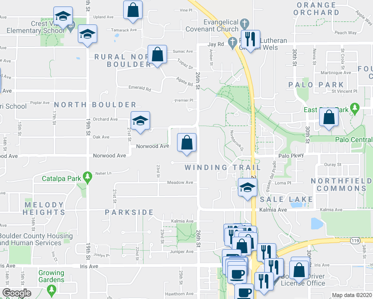 map of restaurants, bars, coffee shops, grocery stores, and more near 3808 26th Street in Boulder