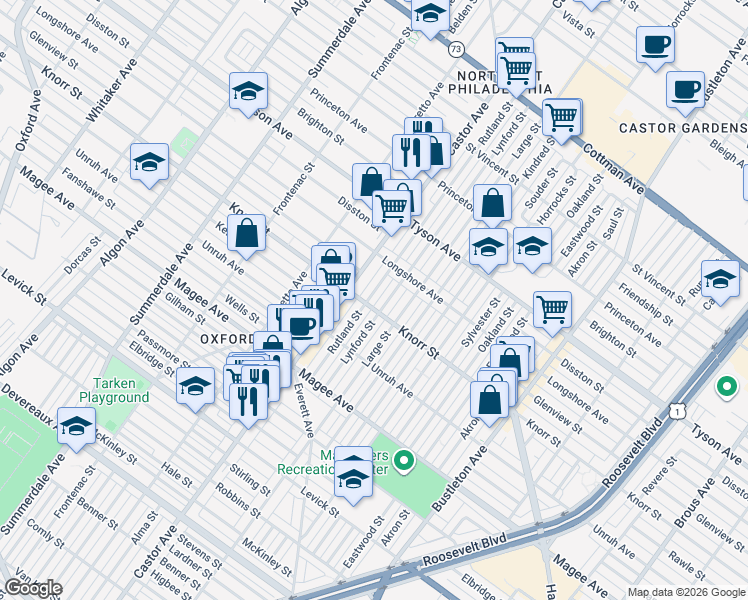 map of restaurants, bars, coffee shops, grocery stores, and more near 6752 Rutland Street in Philadelphia