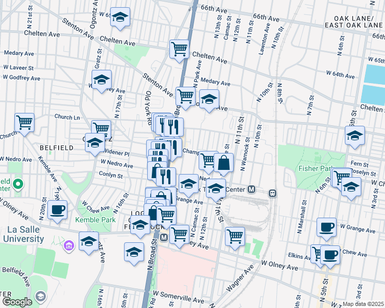 map of restaurants, bars, coffee shops, grocery stores, and more near 5950 North 13th Street in Philadelphia