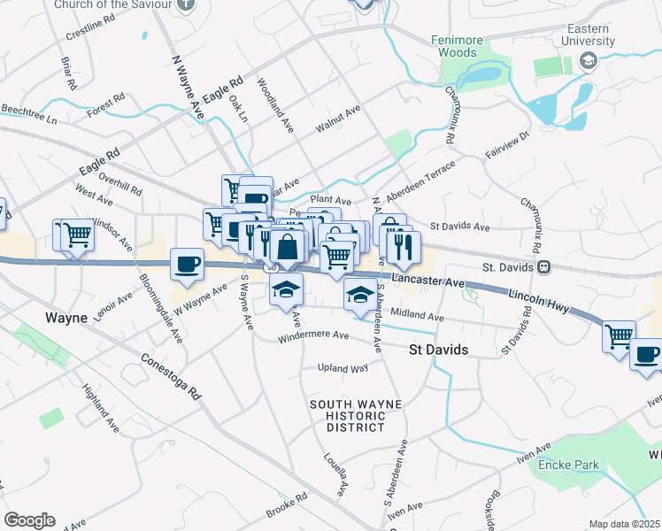 map of restaurants, bars, coffee shops, grocery stores, and more near 211 Lancaster Avenue in Wayne