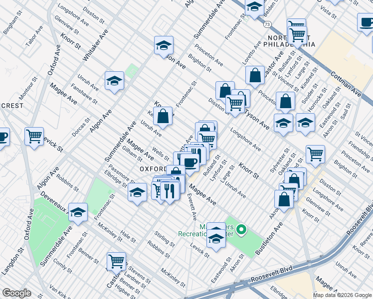 map of restaurants, bars, coffee shops, grocery stores, and more near 1405 Unruh Avenue in Philadelphia