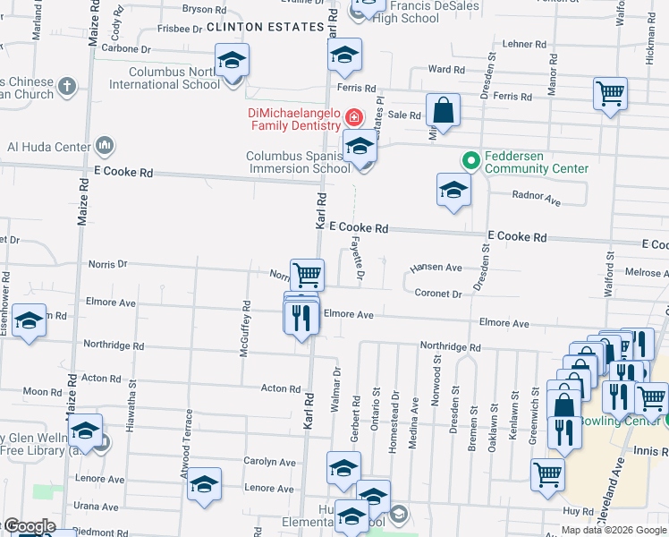 map of restaurants, bars, coffee shops, grocery stores, and more near 3799 Walmar Drive in Columbus