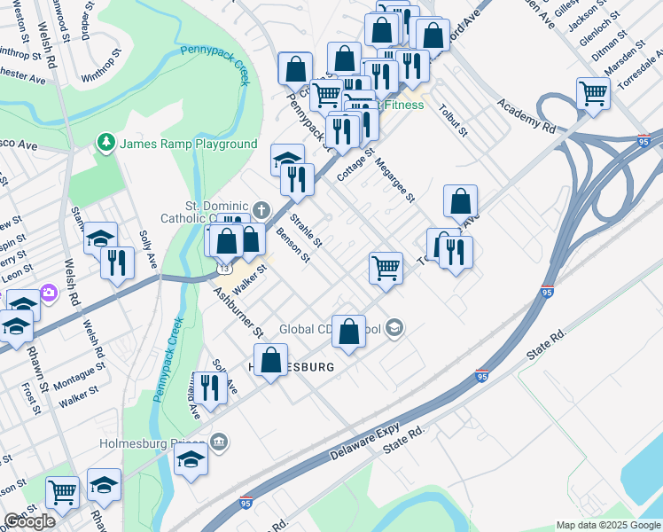 map of restaurants, bars, coffee shops, grocery stores, and more near 4528 Strahle Street in Philadelphia
