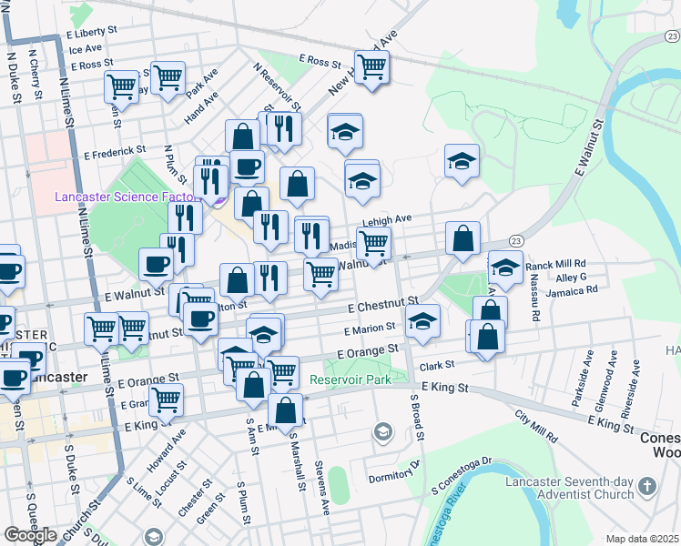 map of restaurants, bars, coffee shops, grocery stores, and more near 742 1/2 East Walnut Street in Lancaster