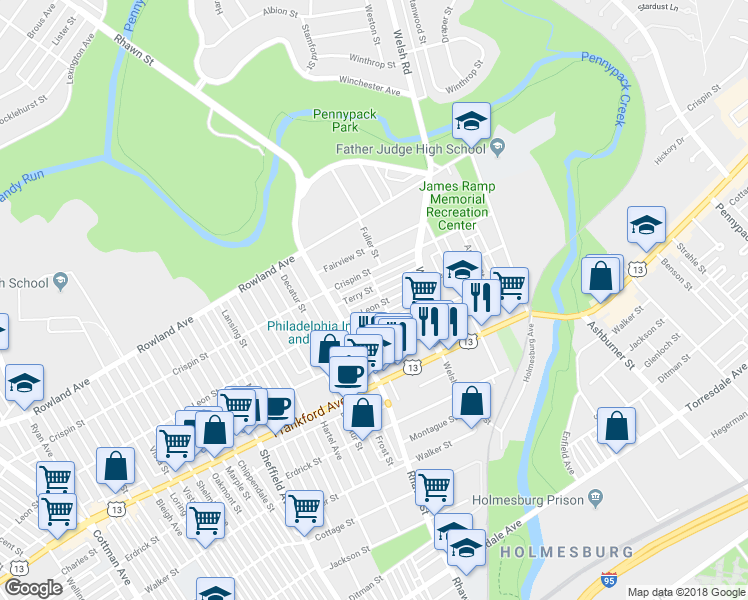 map of restaurants, bars, coffee shops, grocery stores, and more near 8046 Leon Street in Philadelphia