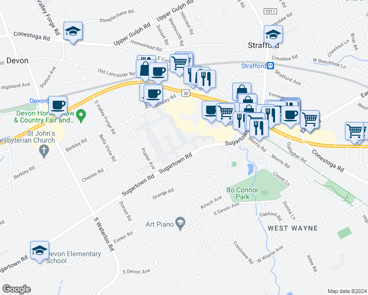 map of restaurants, bars, coffee shops, grocery stores, and more near 303 Avon Road in Devon