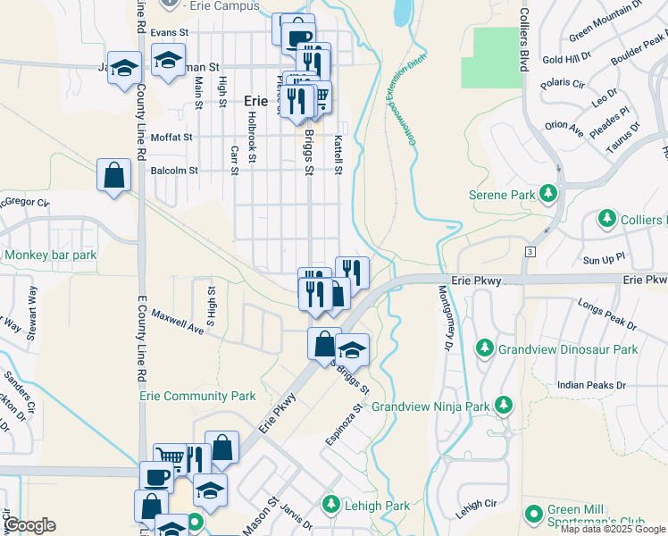 map of restaurants, bars, coffee shops, grocery stores, and more near 100 Kattell Street in Erie