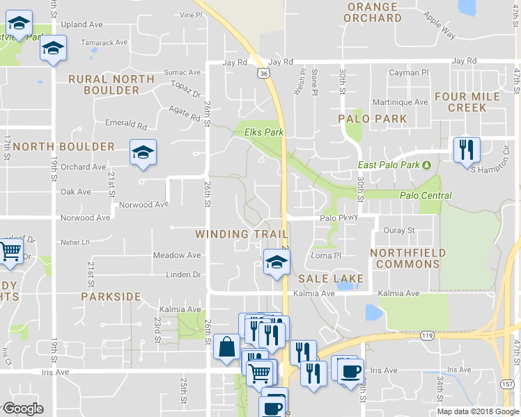 map of restaurants, bars, coffee shops, grocery stores, and more near in Boulder