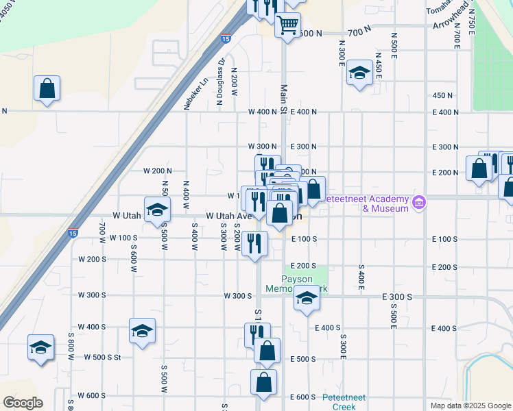 map of restaurants, bars, coffee shops, grocery stores, and more near 96 West Utah Avenue in Payson