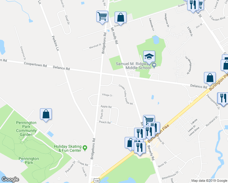 map of restaurants, bars, coffee shops, grocery stores, and more near 1510 Village Court in Beverly