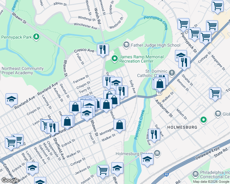 map of restaurants, bars, coffee shops, grocery stores, and more near 3523 Stanwood Street in Philadelphia