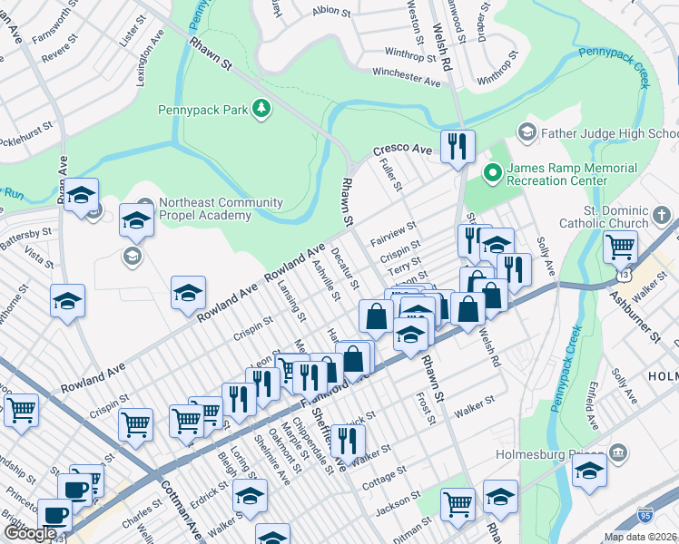 map of restaurants, bars, coffee shops, grocery stores, and more near 3401 Decatur Street in Philadelphia