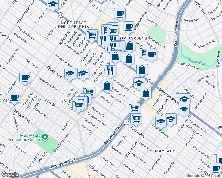 map of restaurants, bars, coffee shops, grocery stores, and more near 2146 Friendship Street in Philadelphia