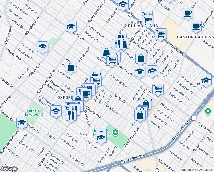 map of restaurants, bars, coffee shops, grocery stores, and more near 6752 Rutland Street in Philadelphia