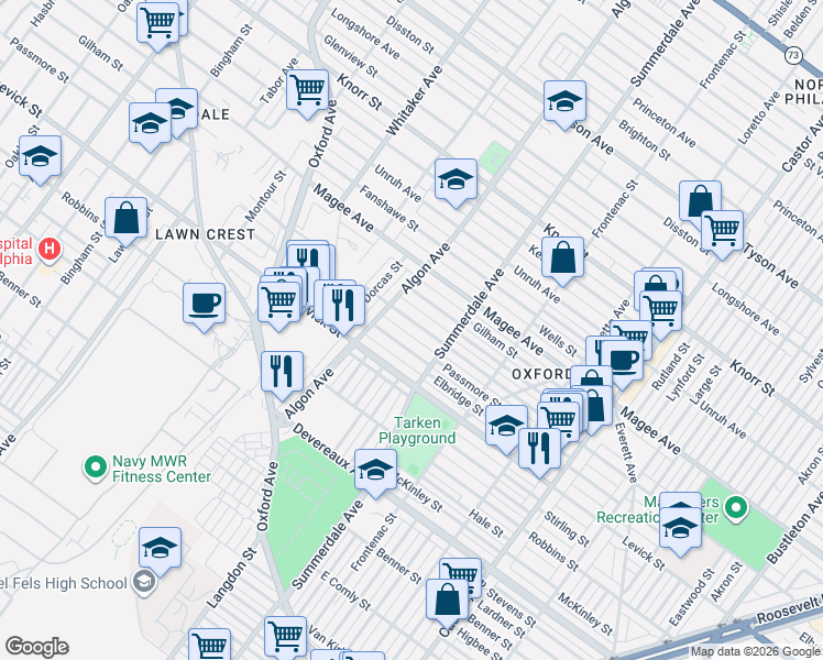 map of restaurants, bars, coffee shops, grocery stores, and more near 1146 Hellerman Street in Philadelphia