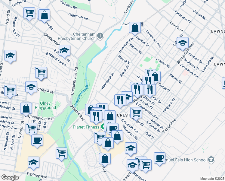 map of restaurants, bars, coffee shops, grocery stores, and more near 5722 Reach Street in Philadelphia