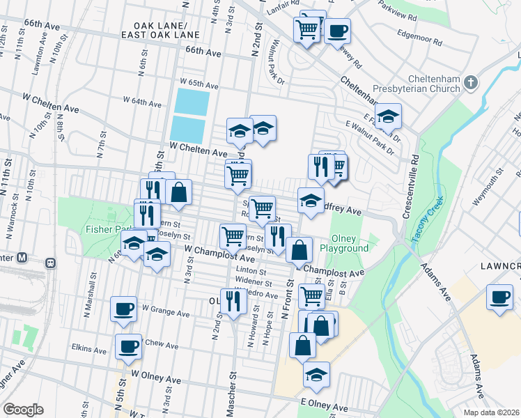 map of restaurants, bars, coffee shops, grocery stores, and more near 6133 North Mascher Street in Philadelphia