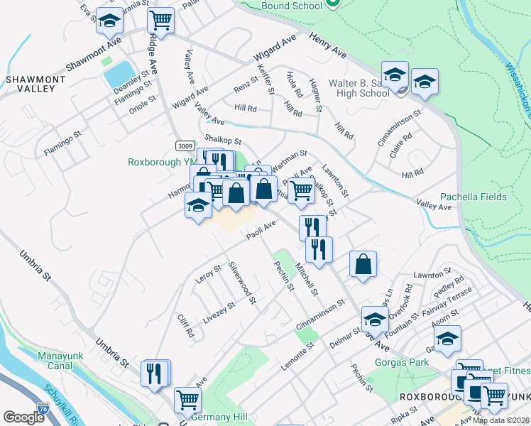 map of restaurants, bars, coffee shops, grocery stores, and more near 6901 Ridge Avenue in Philadelphia