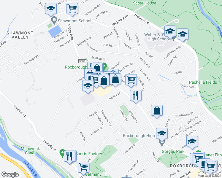 map of restaurants, bars, coffee shops, grocery stores, and more near 6901 Ridge Avenue in Philadelphia