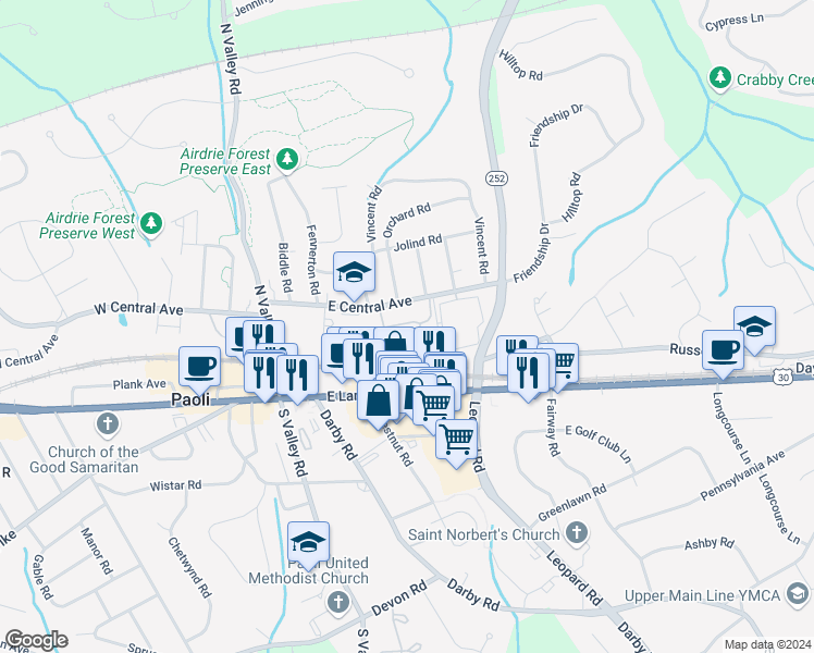 map of restaurants, bars, coffee shops, grocery stores, and more near 37 East Central Avenue in Paoli