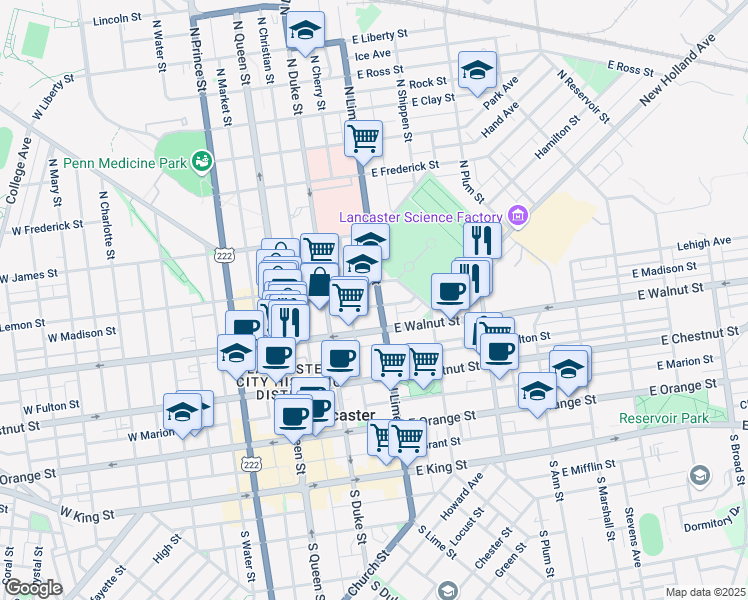 map of restaurants, bars, coffee shops, grocery stores, and more near 213 East Madison Street in Lancaster