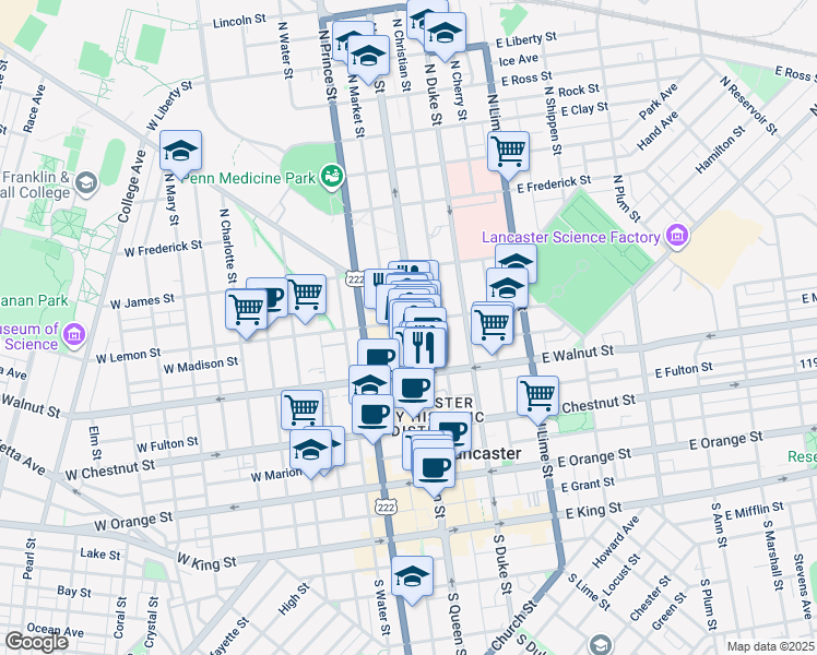 map of restaurants, bars, coffee shops, grocery stores, and more near 347 North Queen Street in Lancaster