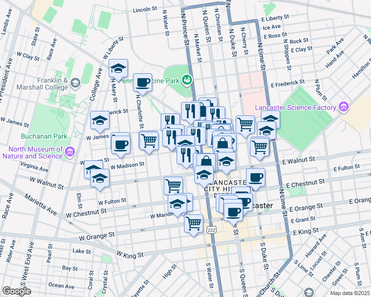 map of restaurants, bars, coffee shops, grocery stores, and more near 354 North Prince Street in Lancaster