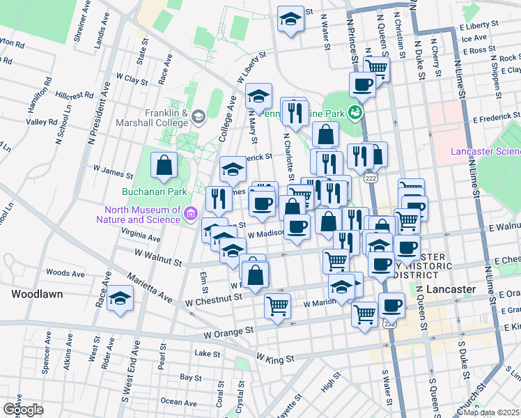 map of restaurants, bars, coffee shops, grocery stores, and more near 422 North Mary Street in Lancaster