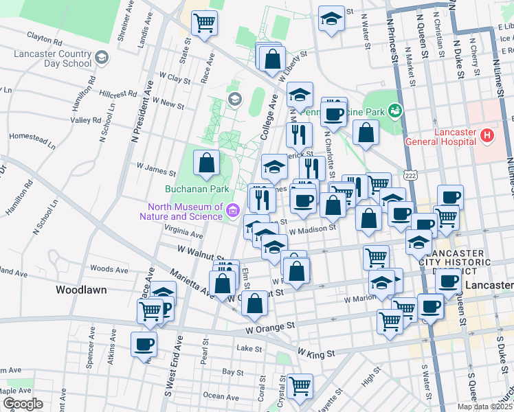 map of restaurants, bars, coffee shops, grocery stores, and more near 434 Nevin Street in Lancaster