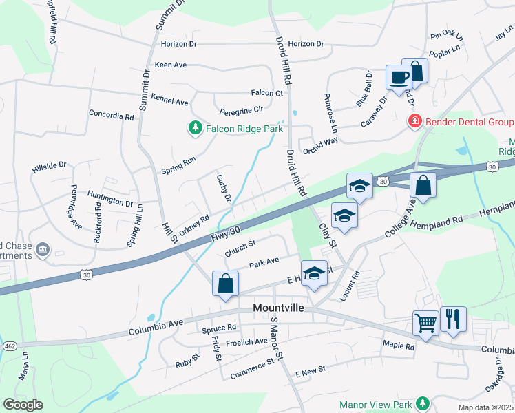 map of restaurants, bars, coffee shops, grocery stores, and more near 3616 Orkney Road in Mountville