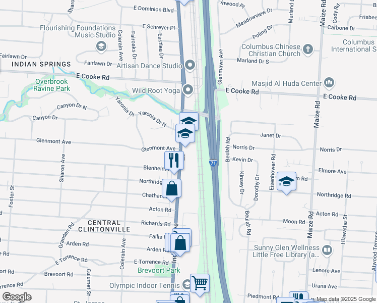 map of restaurants, bars, coffee shops, grocery stores, and more near 3916 Indianola Avenue in Columbus
