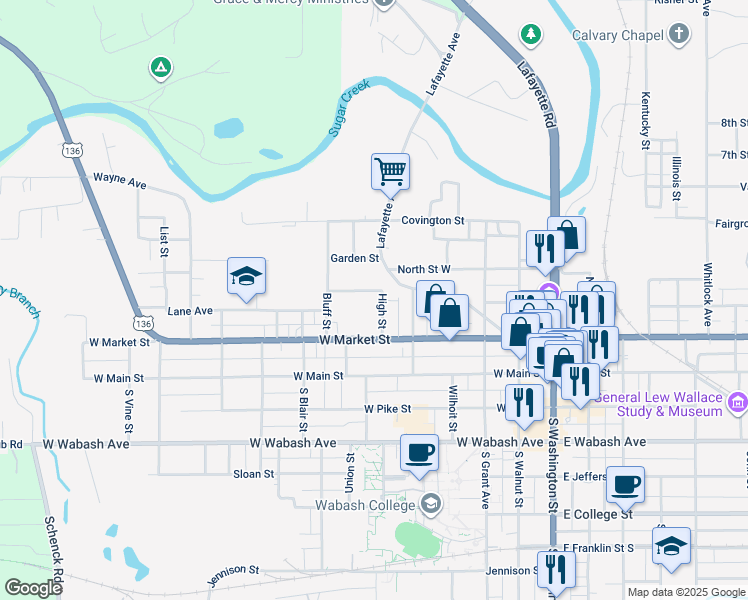 map of restaurants, bars, coffee shops, grocery stores, and more near 302 High Street in Crawfordsville