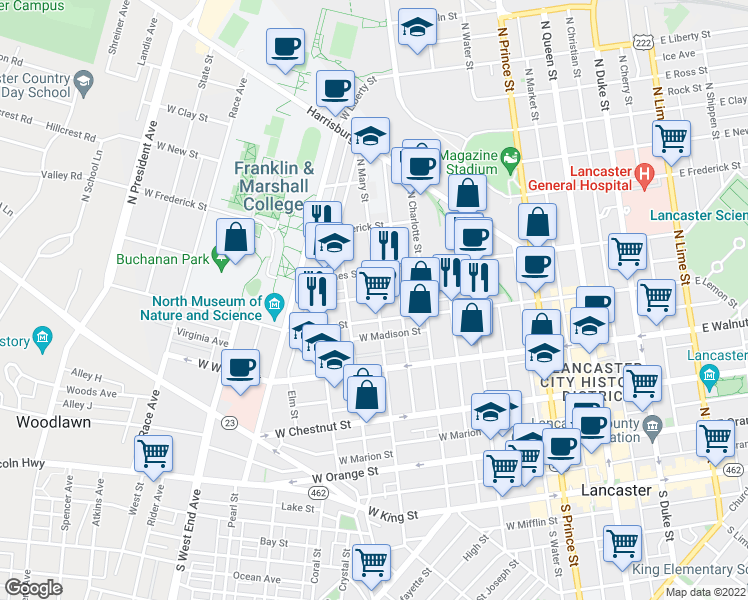 map of restaurants, bars, coffee shops, grocery stores, and more near 422 North Mary Street in Lancaster