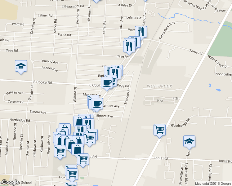 map of restaurants, bars, coffee shops, grocery stores, and more near 2154 Melrose Avenue in Columbus