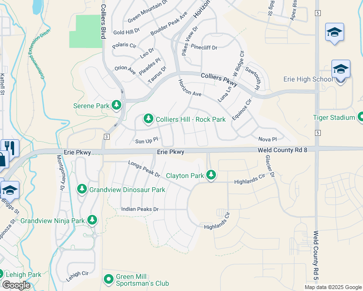 map of restaurants, bars, coffee shops, grocery stores, and more near 10 Solstice Court in Erie