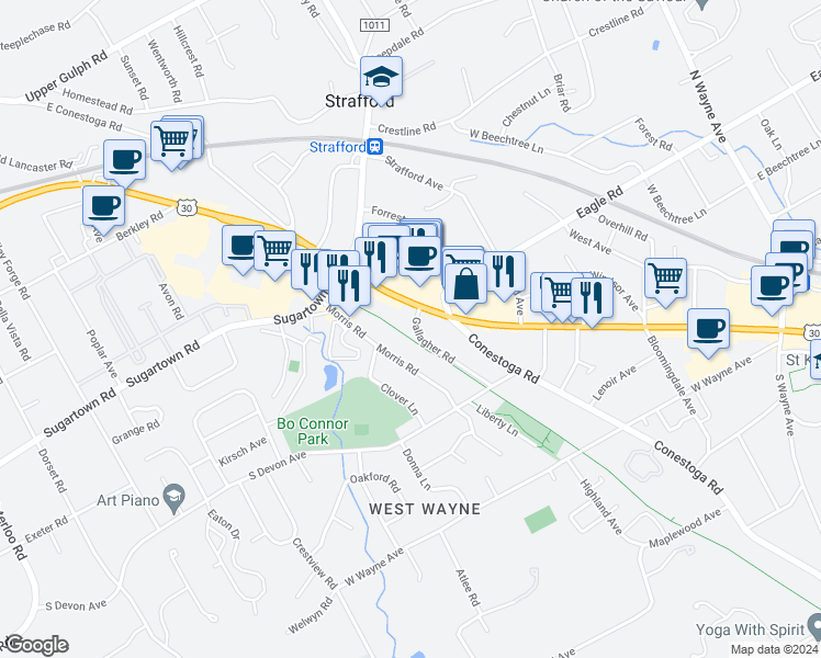 map of restaurants, bars, coffee shops, grocery stores, and more near 110 Gallagher Road in Wayne