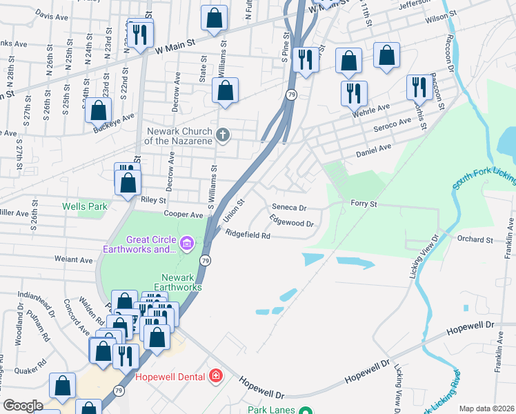 map of restaurants, bars, coffee shops, grocery stores, and more near 627 Seneca Dr in Newark
