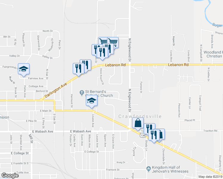 map of restaurants, bars, coffee shops, grocery stores, and more near 1416 Woodside Drive in Crawfordsville