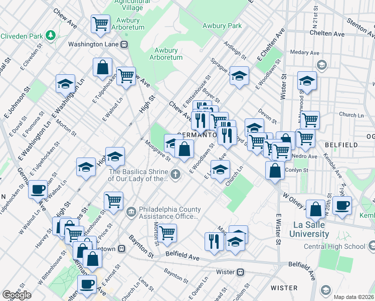 map of restaurants, bars, coffee shops, grocery stores, and more near East Chelten Avenue in Philadelphia