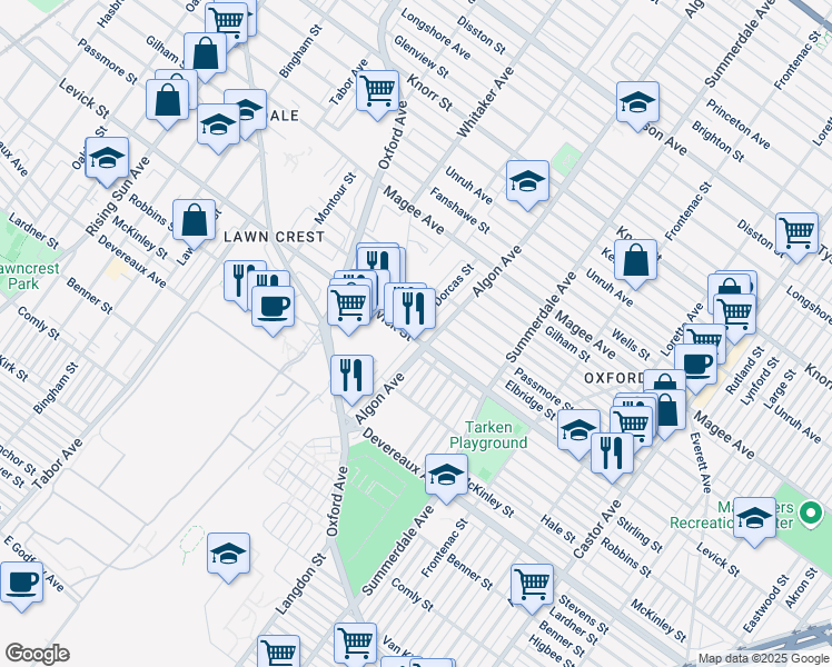 map of restaurants, bars, coffee shops, grocery stores, and more near 6401 Dorcas Street in Philadelphia