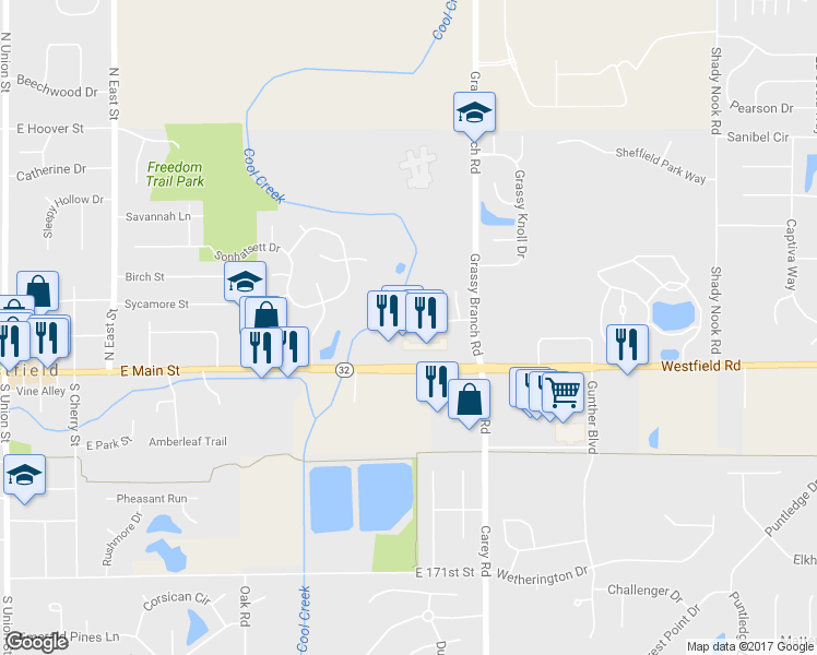 map of restaurants, bars, coffee shops, grocery stores, and more near 17651 Shaelynn Court in Westfield