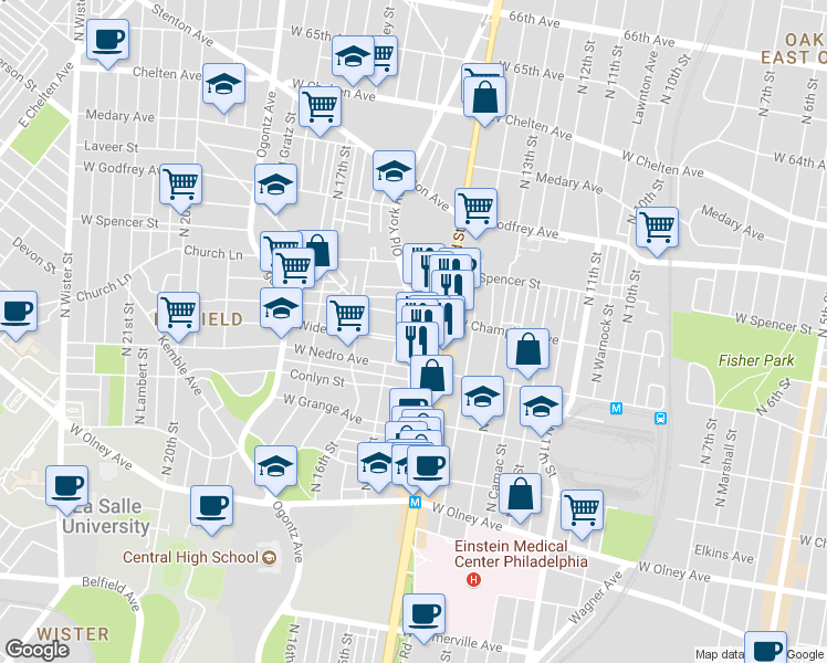 map of restaurants, bars, coffee shops, grocery stores, and more near 5936 Old York Road in Philadelphia