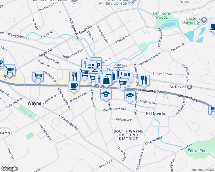 map of restaurants, bars, coffee shops, grocery stores, and more near 110 East Lancaster Avenue in Wayne